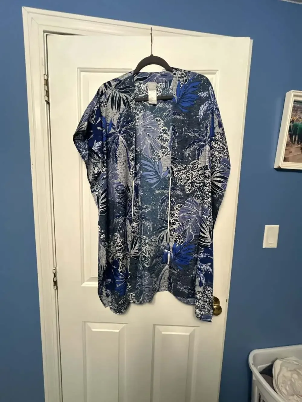 Chico's Blue Tropical Palm Leaf Print Kimono Swim Cover-Up with Tassels